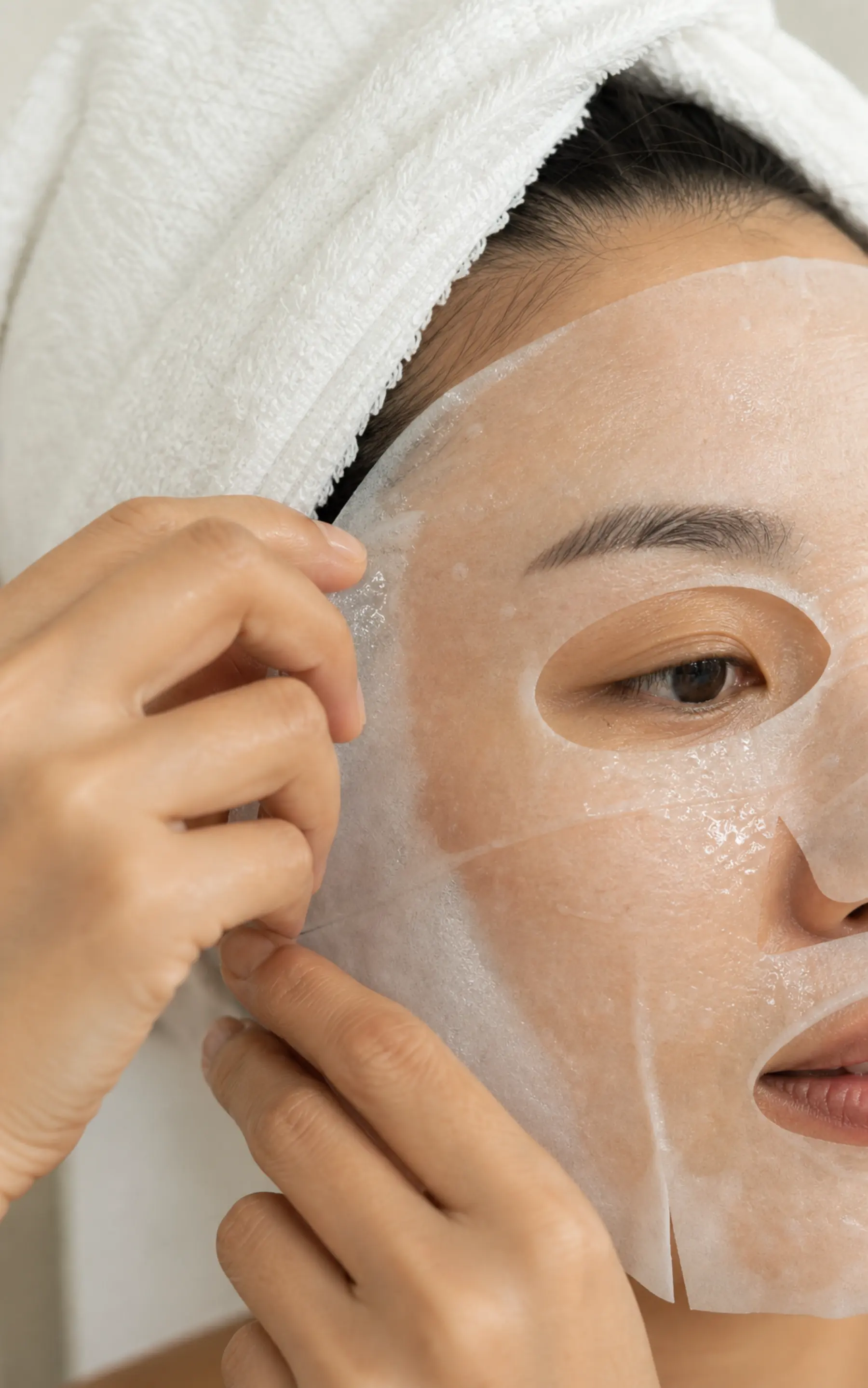 Close crop of a sheet mask being applied