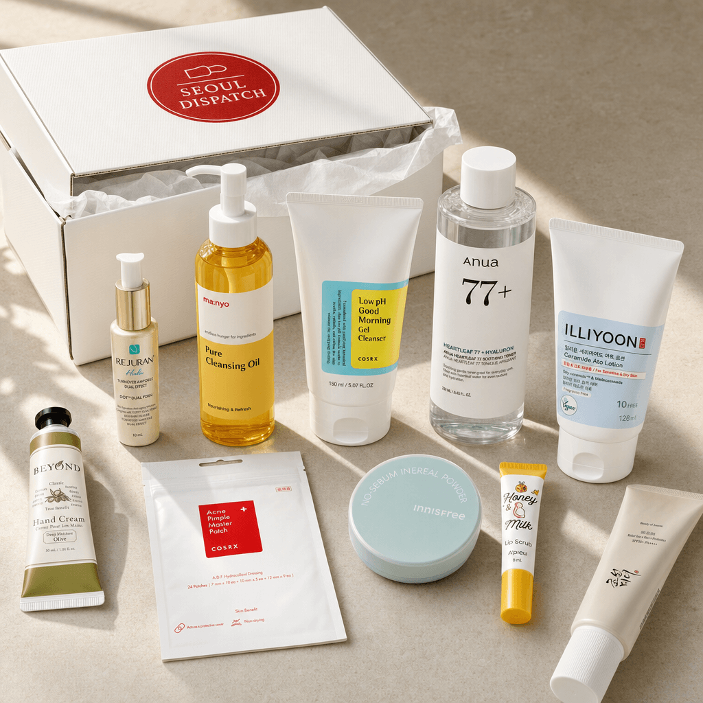 Seoul Dispatch Full Care Box open with skincare products