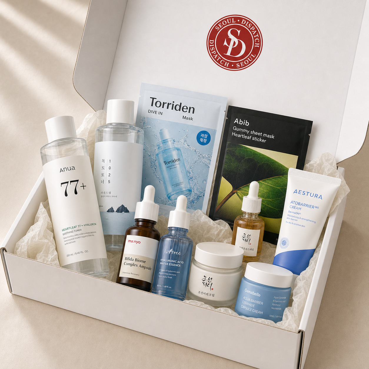 Seoul Dispatch Full Care Box open with skincare products